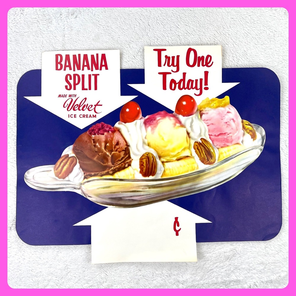 1950s Velvet Ice Cream Banana Split Vintage Advertising Sign 25" Paper Diner USA